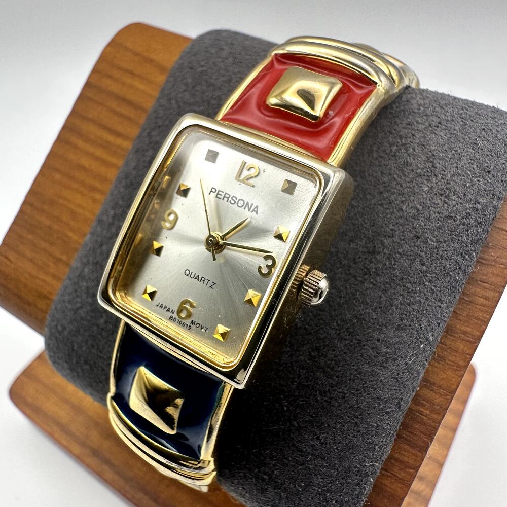 Persona Women's Gold Tone Rectangular Quartz Enamel Cuff Watch